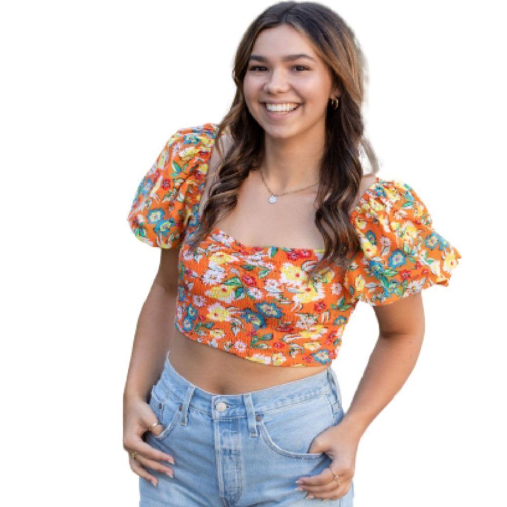 Zara Women's Orange Floral Print Balloon Sleeve Flounce Crop Top Size Medium